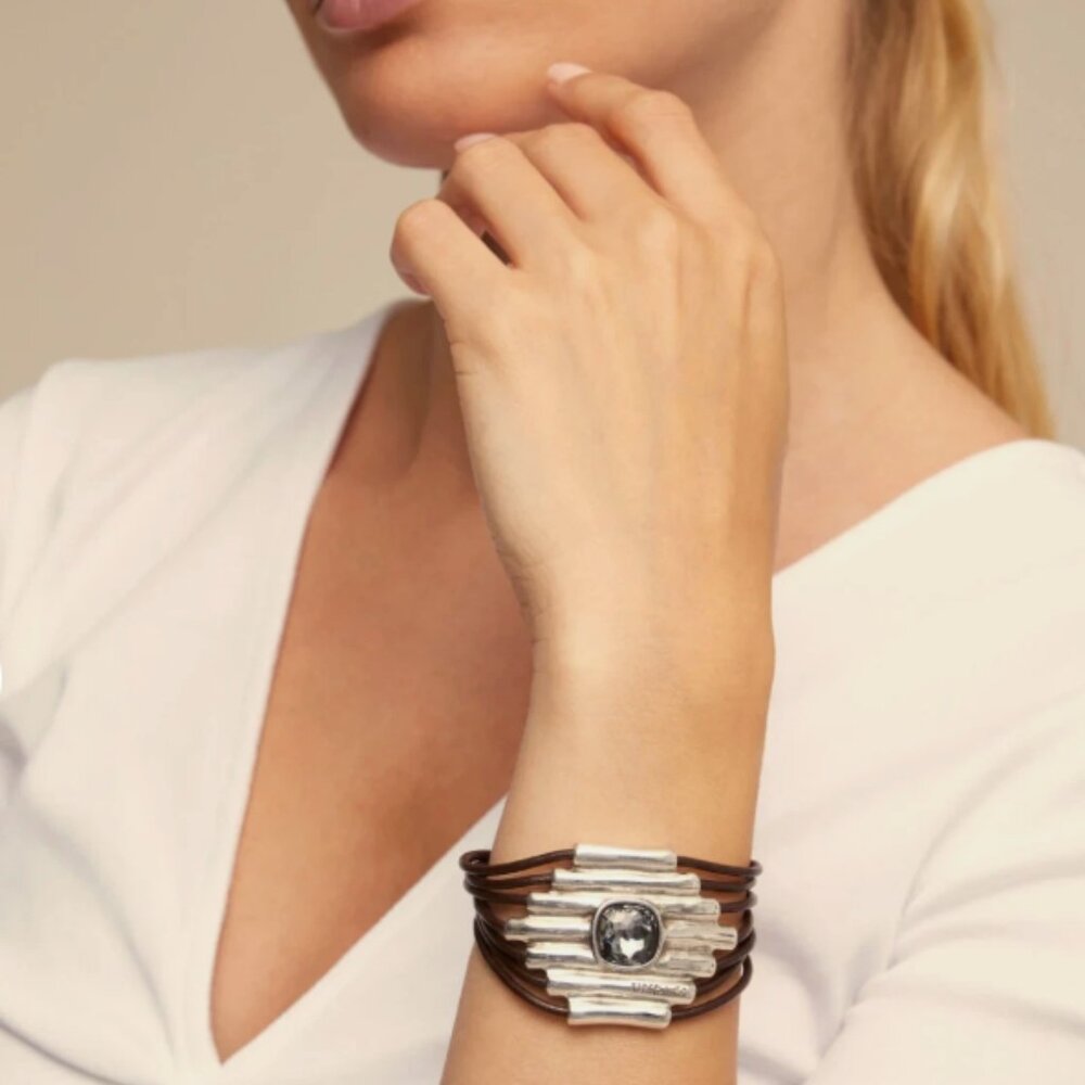 NWT Uno de 50 Attached Silver Plated Gray Crystal Multi Leather Bracelet SZ S